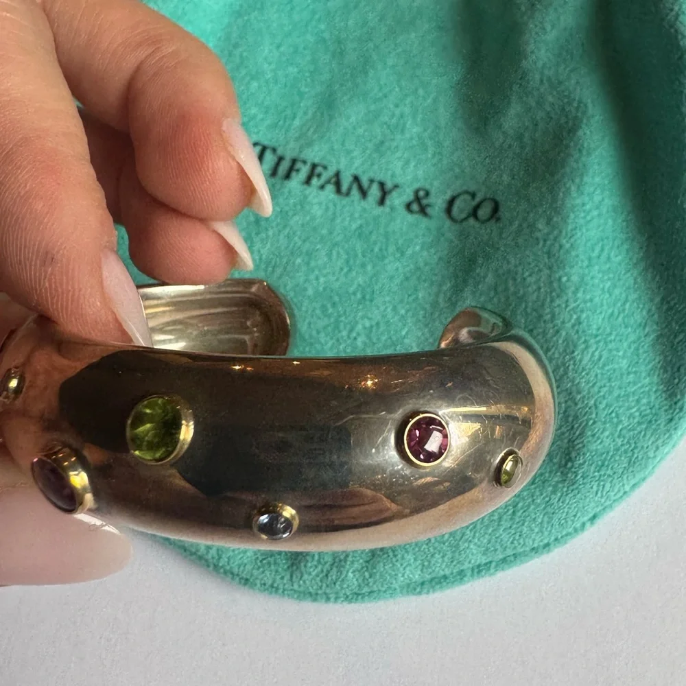 Tiffany & Co Sterling Silver and 18K Gold Multi-Gemstone Cuff 6" Wrist 85.6g - Picture 3 of 16